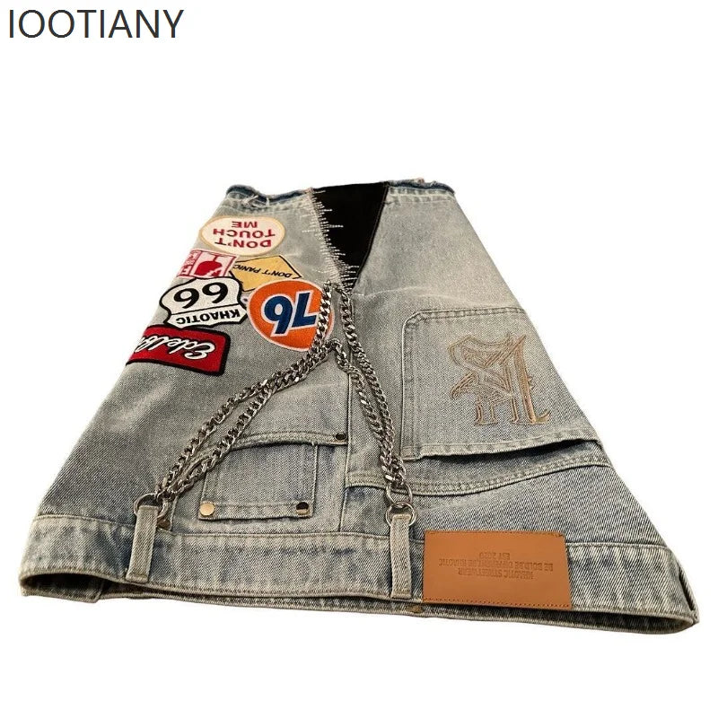 IOOTIANY Y2k Cartoon Embroidery Jorts Man Women Harajuku Streetwear Retro Patchwork Denim Shorts Jeans Baggy Shorts Oversized