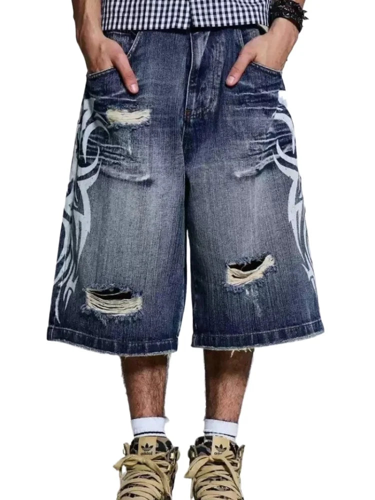 HOUZHOU Gothic Vintage Print Short Jeans Women Grunge Blue Oversize Distressed Jorts Wide Leg Pattern Denim Shorts Streetwear