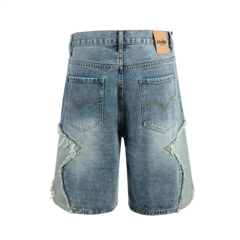 Summer Pentagram Pattern Men's Jort Splicing Mid Length Denim Pants American High Street Straight Male Shorts