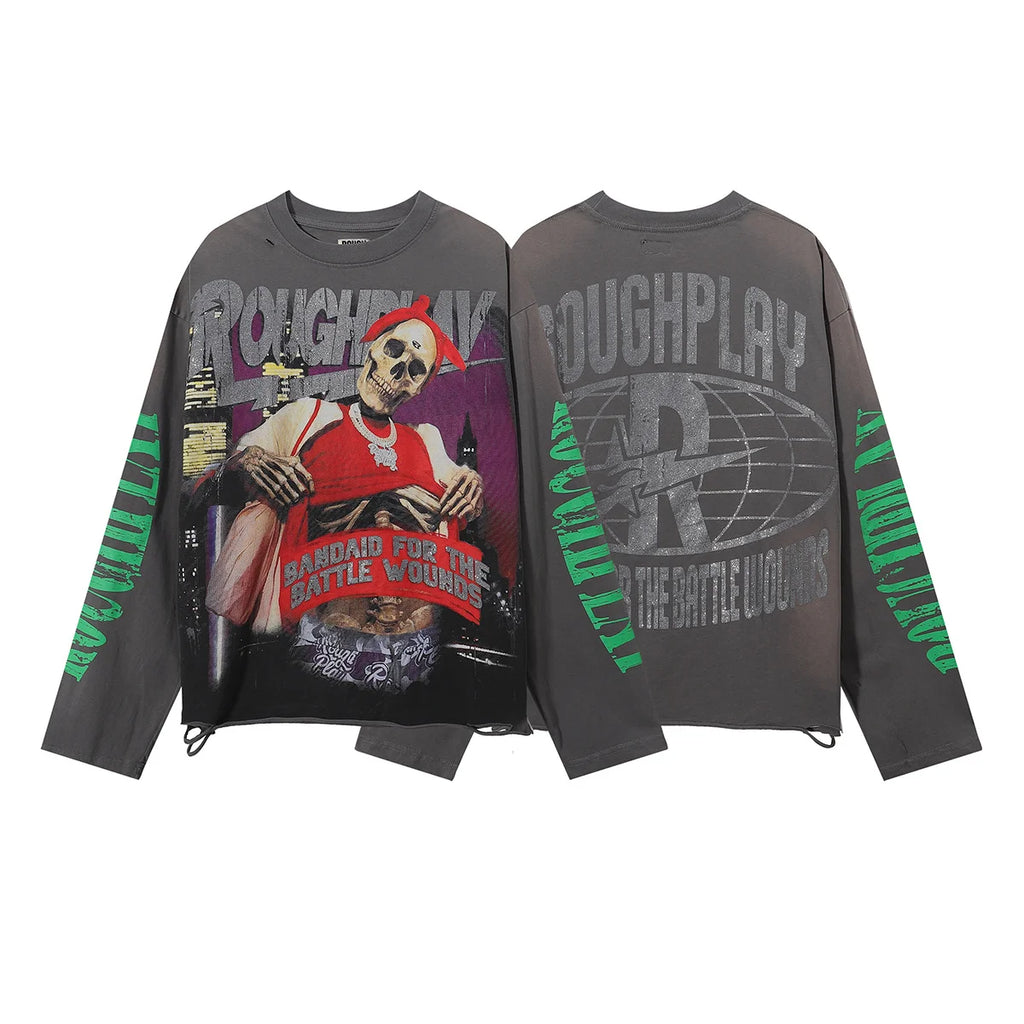 New American Style Rough Play Splicing Shinning Diamond 100% Cotton long sleeves T-shirts for Men Women Crew Neck Loose Summer T-shirt Oversized Tees