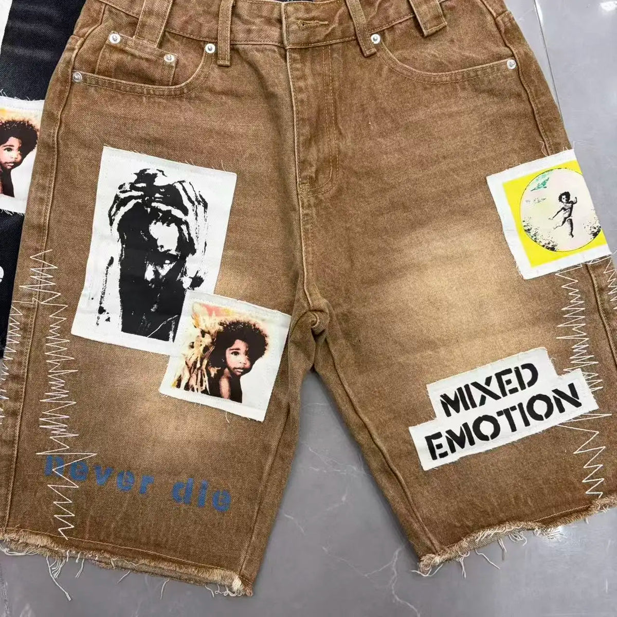 Vintage Men Denim Jorts Patchwork Graphic Raw Frayed Distressed Baggy Denim Shorts Hip Hop Y2K Streetwear Cargo Jean Shorts