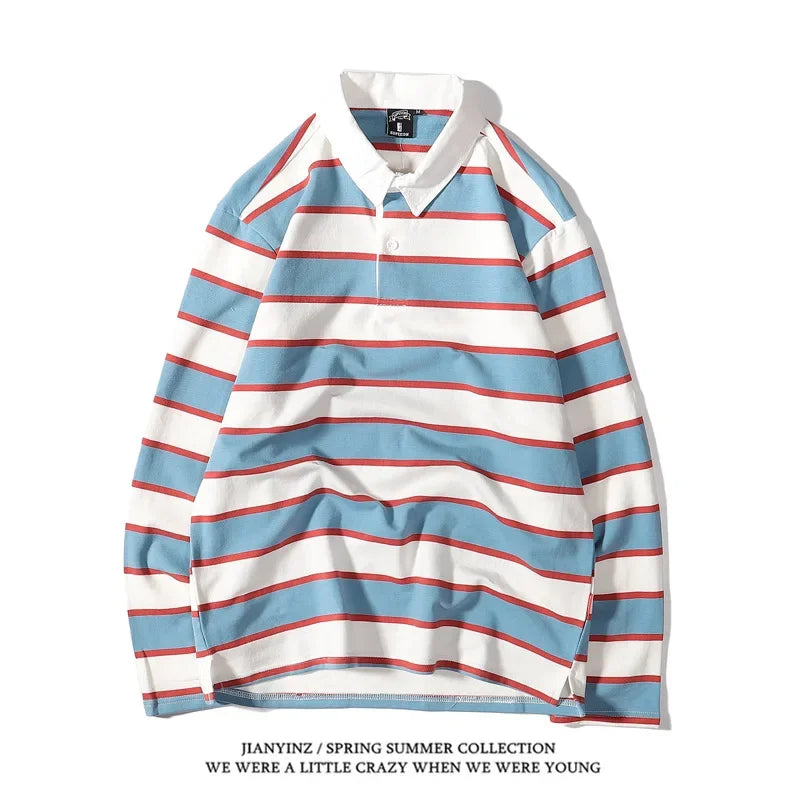 Color Blocking Striped Print Men's Polo Shirt Autumn Business Casual Long Sleeved Top Comfortable Breathable Loose Lapel T-Shirt