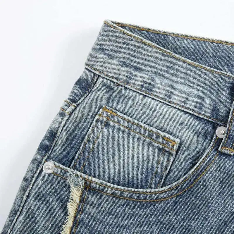 Summer Pentagram Pattern Men's Jort Splicing Mid Length Denim Pants American High Street Straight Male Shorts
