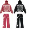 Vintage Washed Unisex Hoodie Jogger Set 100% Cotton Fleece Anti-Bacterial Pink Black Letter Print Crop Sweatshirt Wide Leg Pants