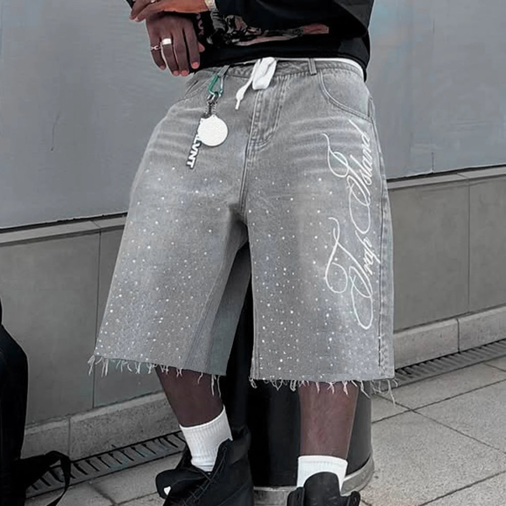 Fashion Men Summer Casual Denim Shorts Knee Length Trendy Letter Embroidered Shiny Rhinestone Decor Jeans Shorts with Pockets