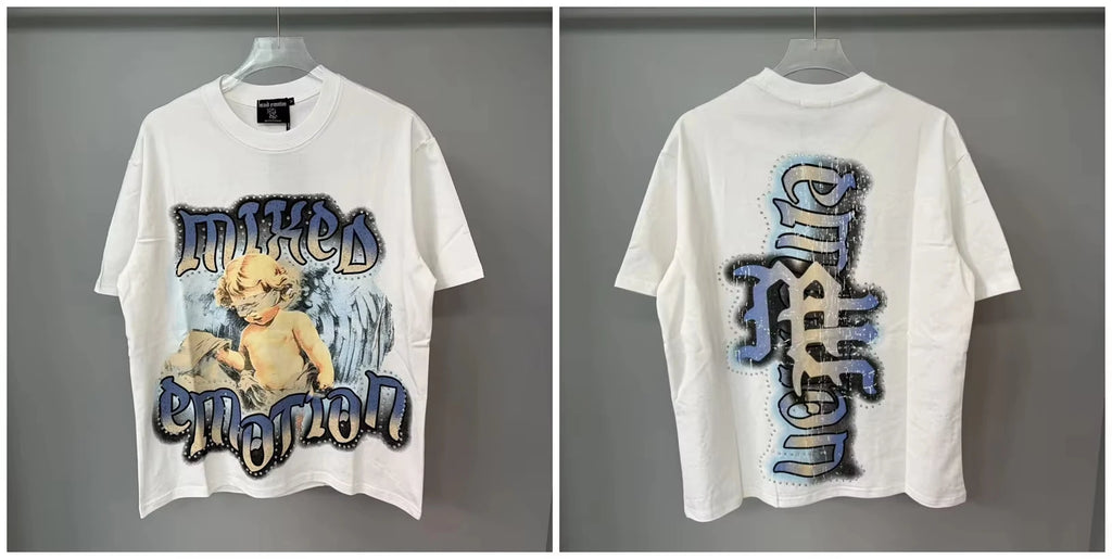 New MIXED-EMOTION Rhinestone cartoon printed pattern  cotton Men Women T-shirt Loose casual Shinning Tees Oversized Top