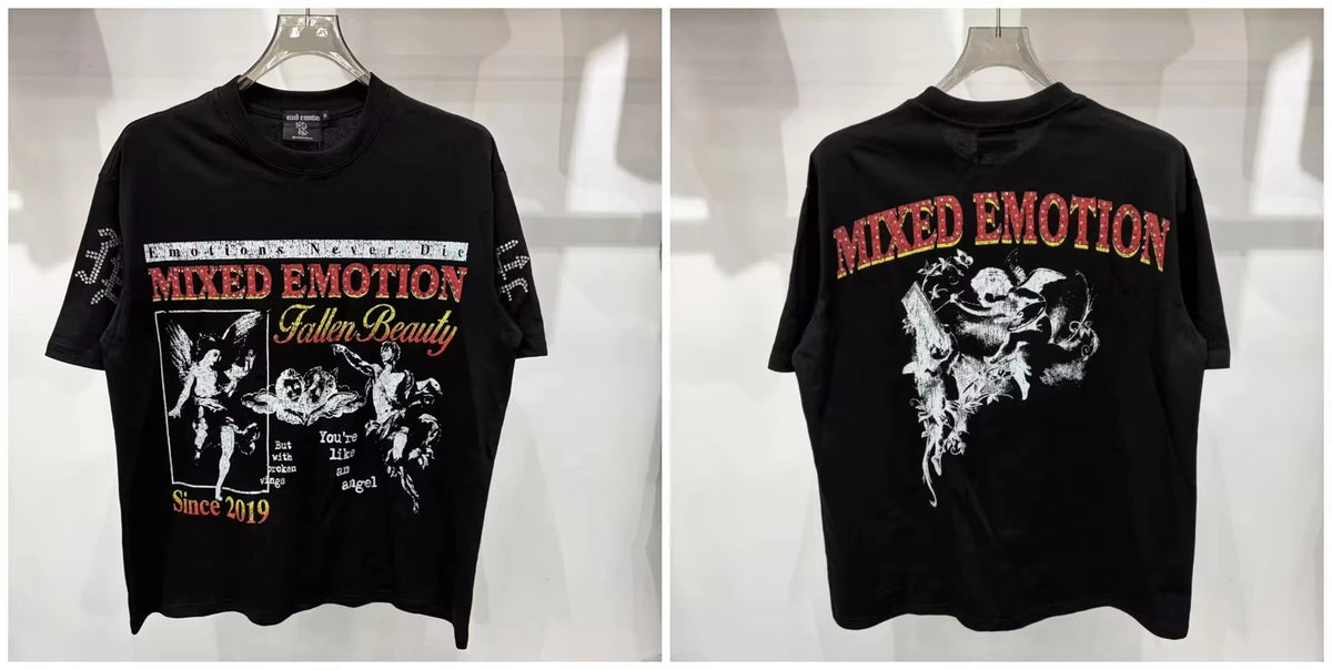 New MIXED-EMOTION Rhinestone cartoon printed pattern  cotton Men Women T-shirt Loose casual Shinning Tees Oversized Top