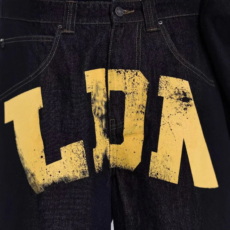 HOUZHOU Vintage Letter Print Jorts Women Black Gothic Y2k Baggy Denim Jorts Retro Hip Hop Grunge Wide Leg Short Jeans Streetwear
