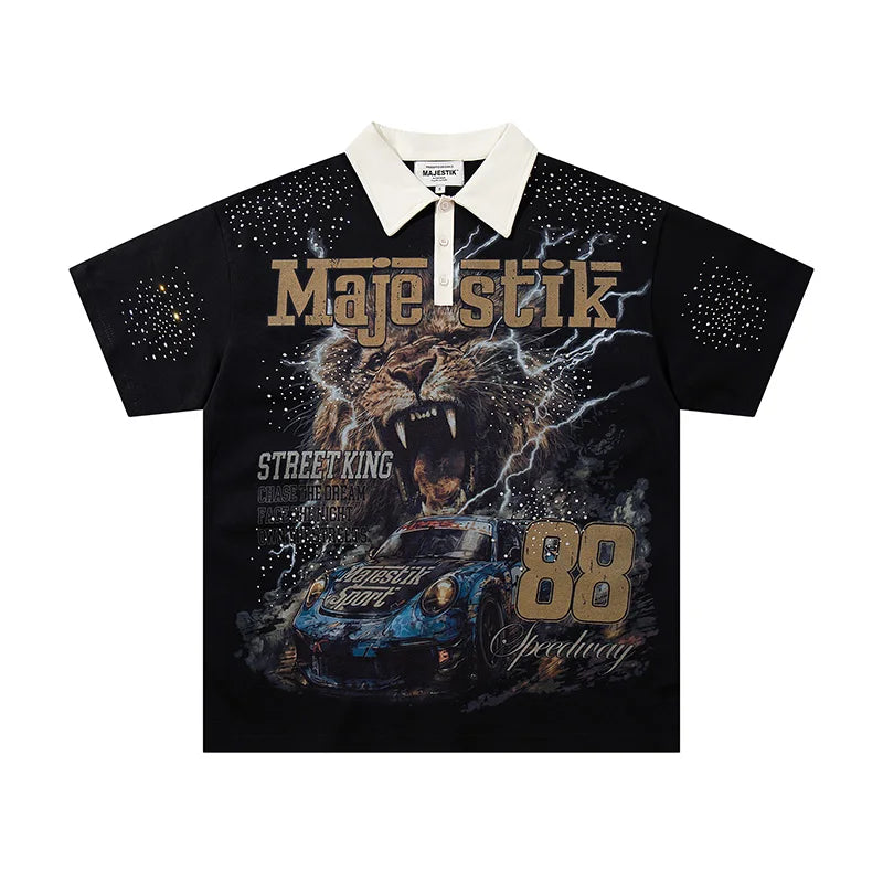 Striped Rhinestone Letter Logo MAJESTIK Short Sleeve Polo Shirt Men Woman Streetwear All-match Tee Best Quality New Fashion Top