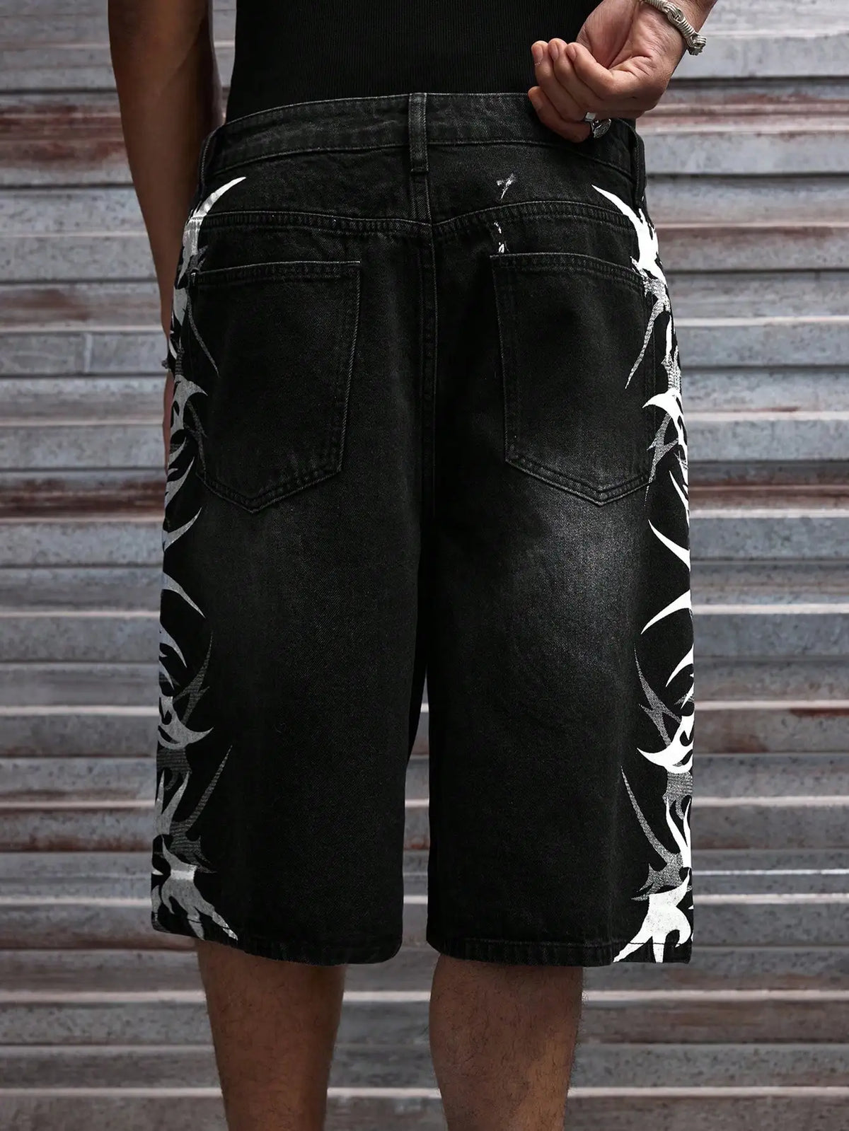 Men Black Non-Stretch Denim Jorts Summer Streetwear Print Baggy Wide Leg Knee Length Hip Hop Casual Shorts Y2K Punk Style