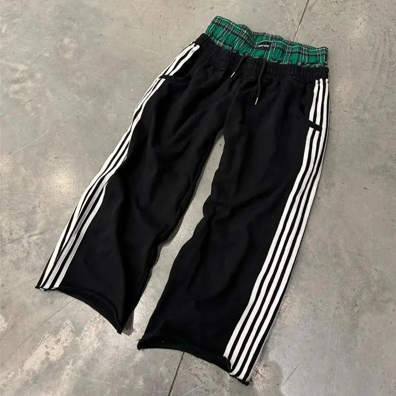 Y2K Retro Pants Harajuku Double Embroidered Waist Sweatpants Hip Hop Goth Clothes Fashion Wide Leg Baggy Pants Streetwear Unisex