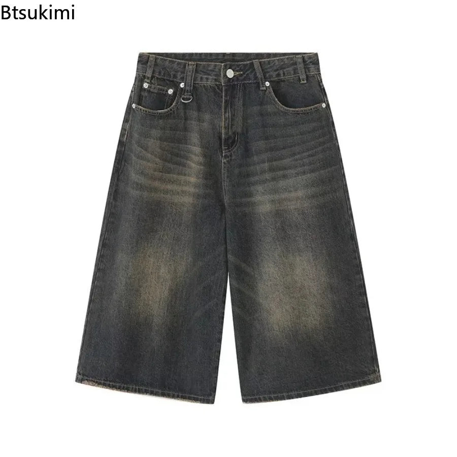 Vintage Y2k Baggy Jeans Men's Fashion High Waisted Wide Leg Pants Summer Hip Hop Streetwear Couple Leisure Denim Cropped Pants