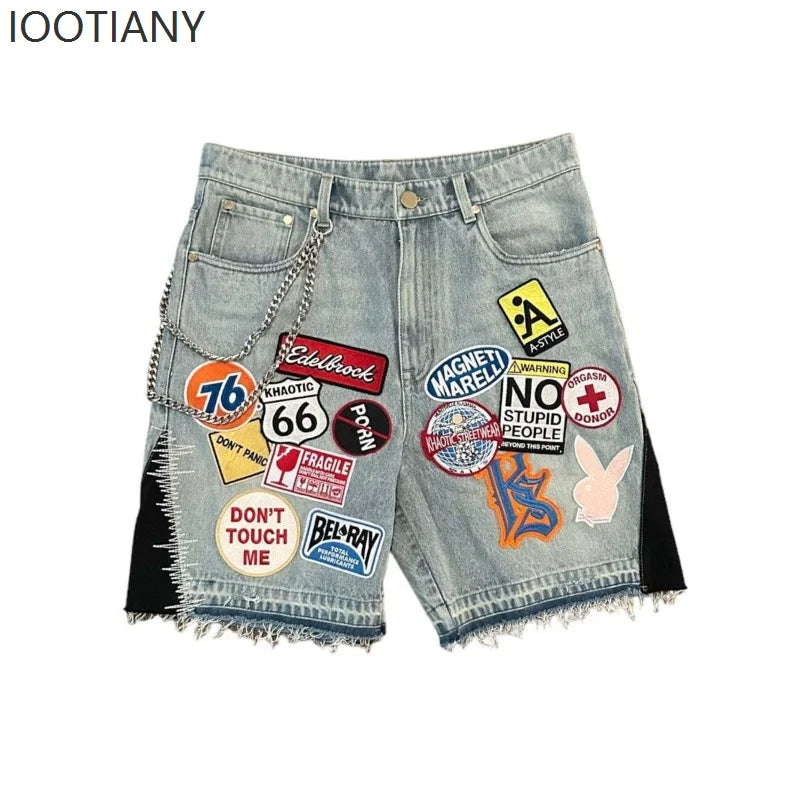 IOOTIANY Y2k Cartoon Embroidery Jorts Man Women Harajuku Streetwear Retro Patchwork Denim Shorts Jeans Baggy Shorts Oversized