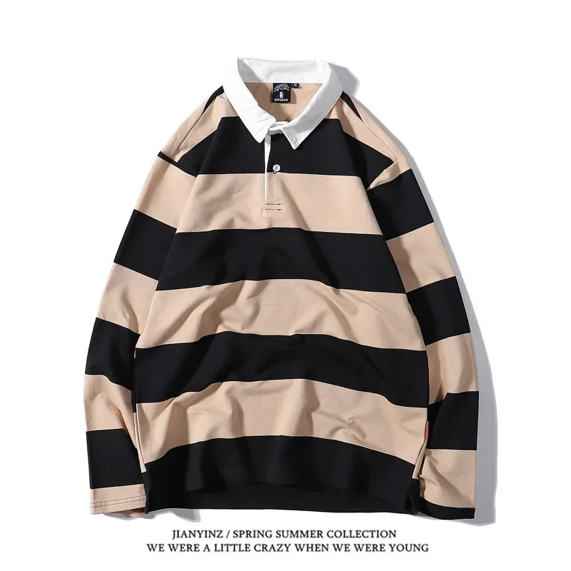 Color Blocking Striped Print Men's Polo Shirt Autumn Business Casual Long Sleeved Top Comfortable Breathable Loose Lapel T-Shirt