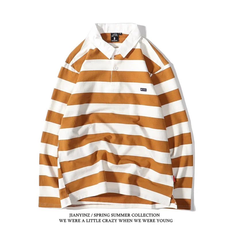 Color Blocking Striped Print Men's Polo Shirt Autumn Business Casual Long Sleeved Top Comfortable Breathable Loose Lapel T-Shirt