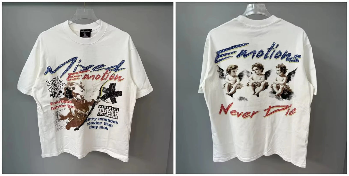 New MIXED-EMOTION Rhinestone cartoon printed pattern  cotton Men Women T-shirt Loose casual Shinning Tees Oversized Top