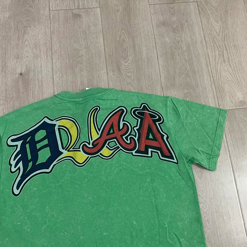 Streetwear Rhinestone Letter Print Yellow T-shirt Men Woman Fashion Retro Shinning Diamond loose casual Oversized Hip Hop Tees
