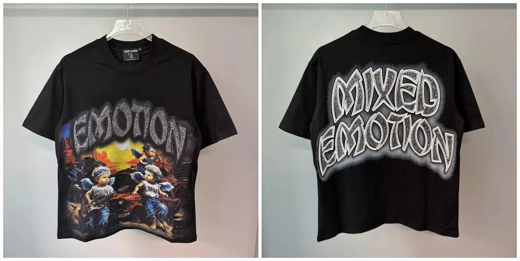 New MIXED-EMOTION Rhinestone cartoon printed pattern  cotton Men Women T-shirt Loose casual Shinning Tees Oversized Top