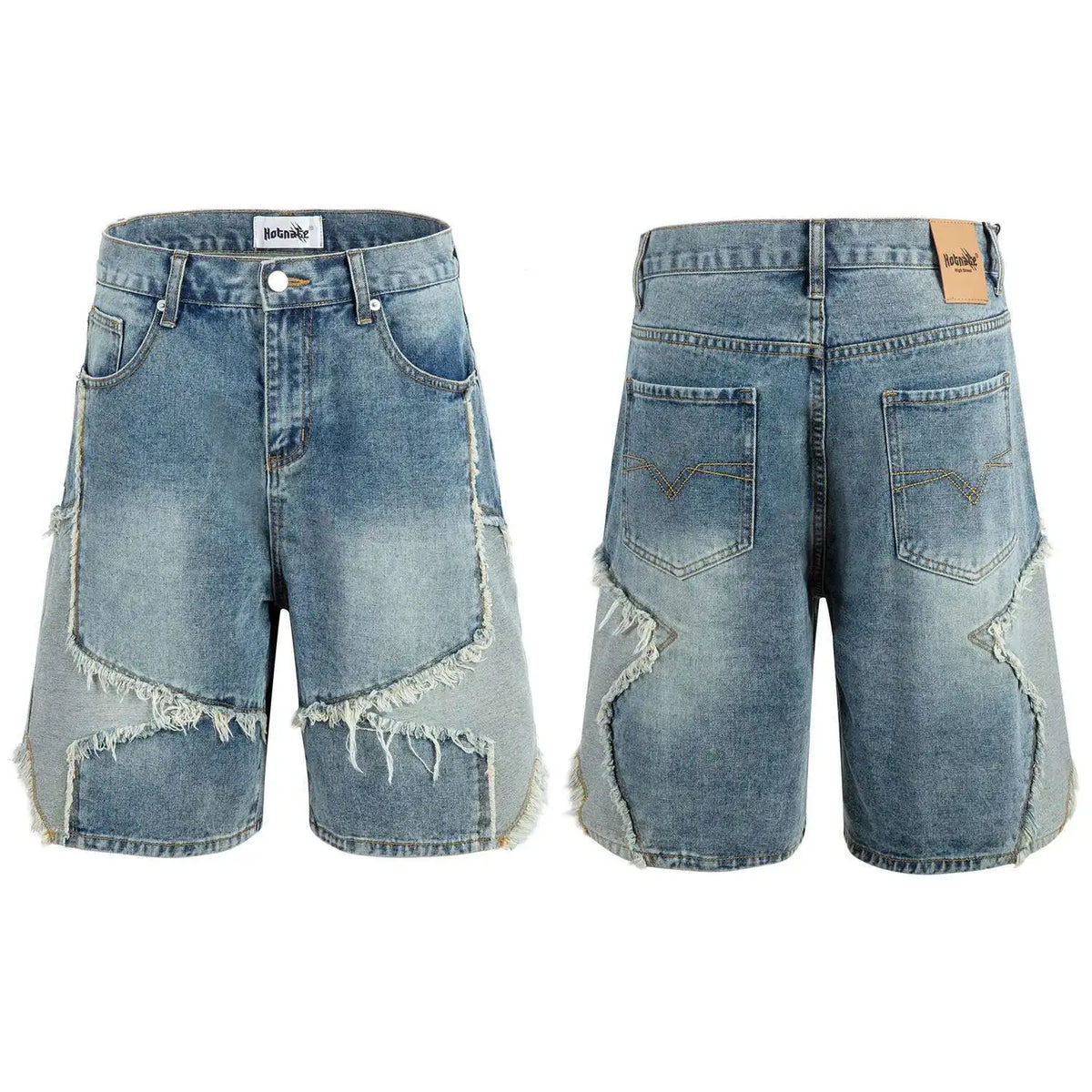 Summer Pentagram Pattern Men's Jort Splicing Mid Length Denim Pants American High Street Straight Male Shorts