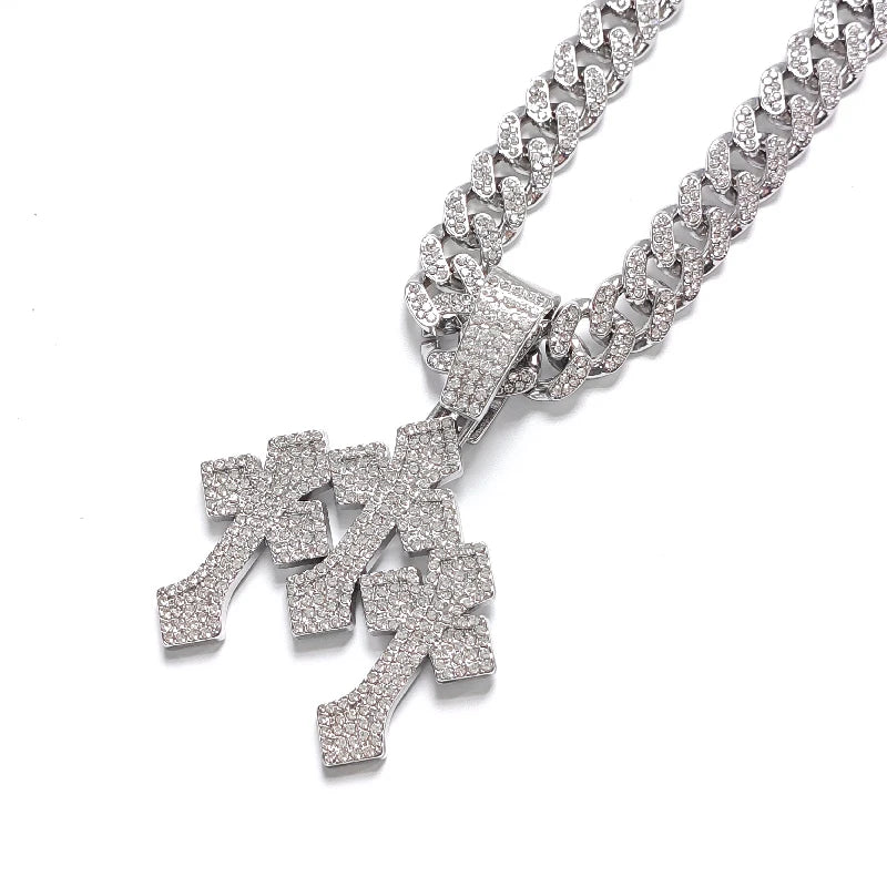 New Iced Out Stacked Crosses Pendant Necklace