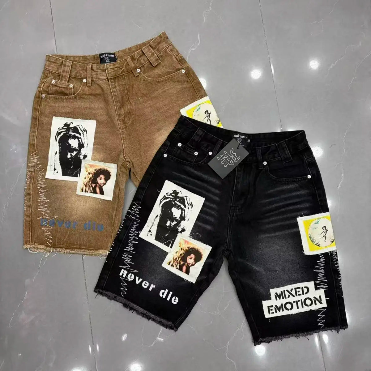 Vintage Men Denim Jorts Patchwork Graphic Raw Frayed Distressed Baggy Denim Shorts Hip Hop Y2K Streetwear Cargo Jean Shorts