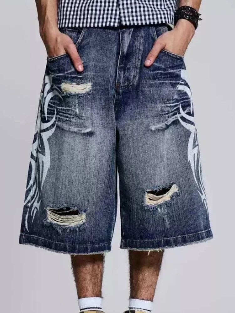HOUZHOU Gothic Vintage Print Short Jeans Women Grunge Blue Oversize Distressed Jorts Wide Leg Pattern Denim Shorts Streetwear