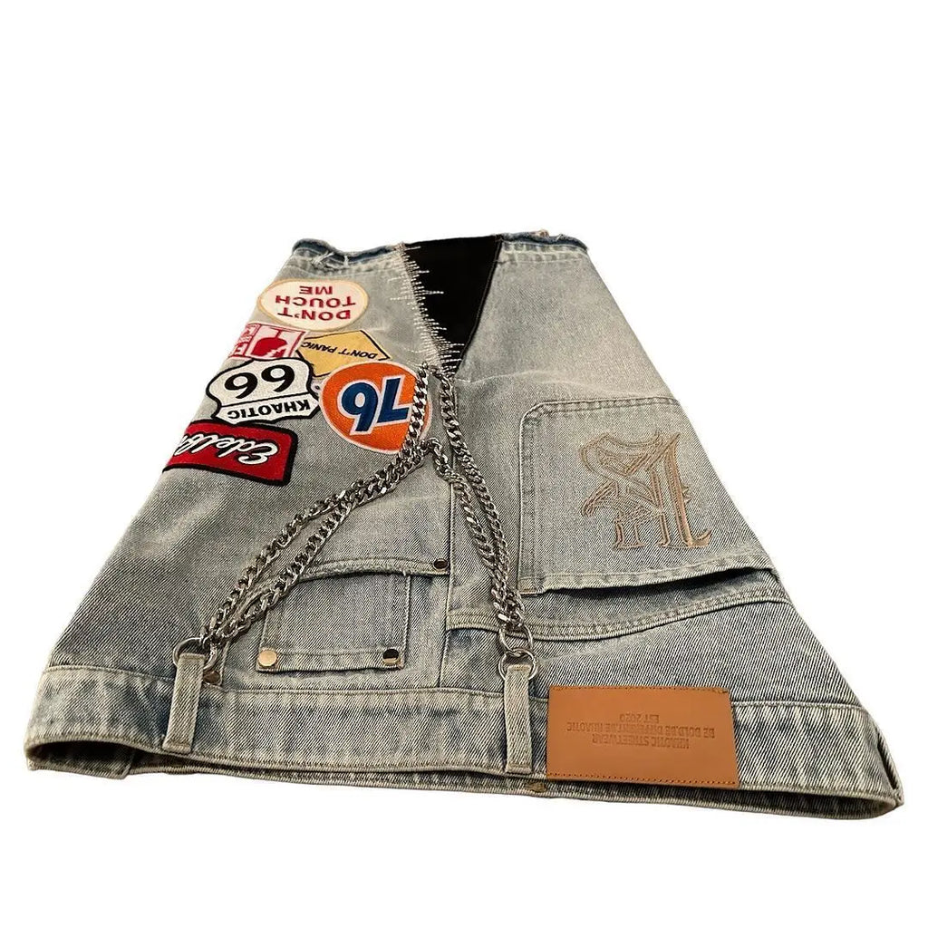 IOOTIANY Y2k Cartoon Embroidery Jorts Man Women Harajuku Streetwear Retro Patchwork Denim Shorts Jeans Baggy Shorts Oversized