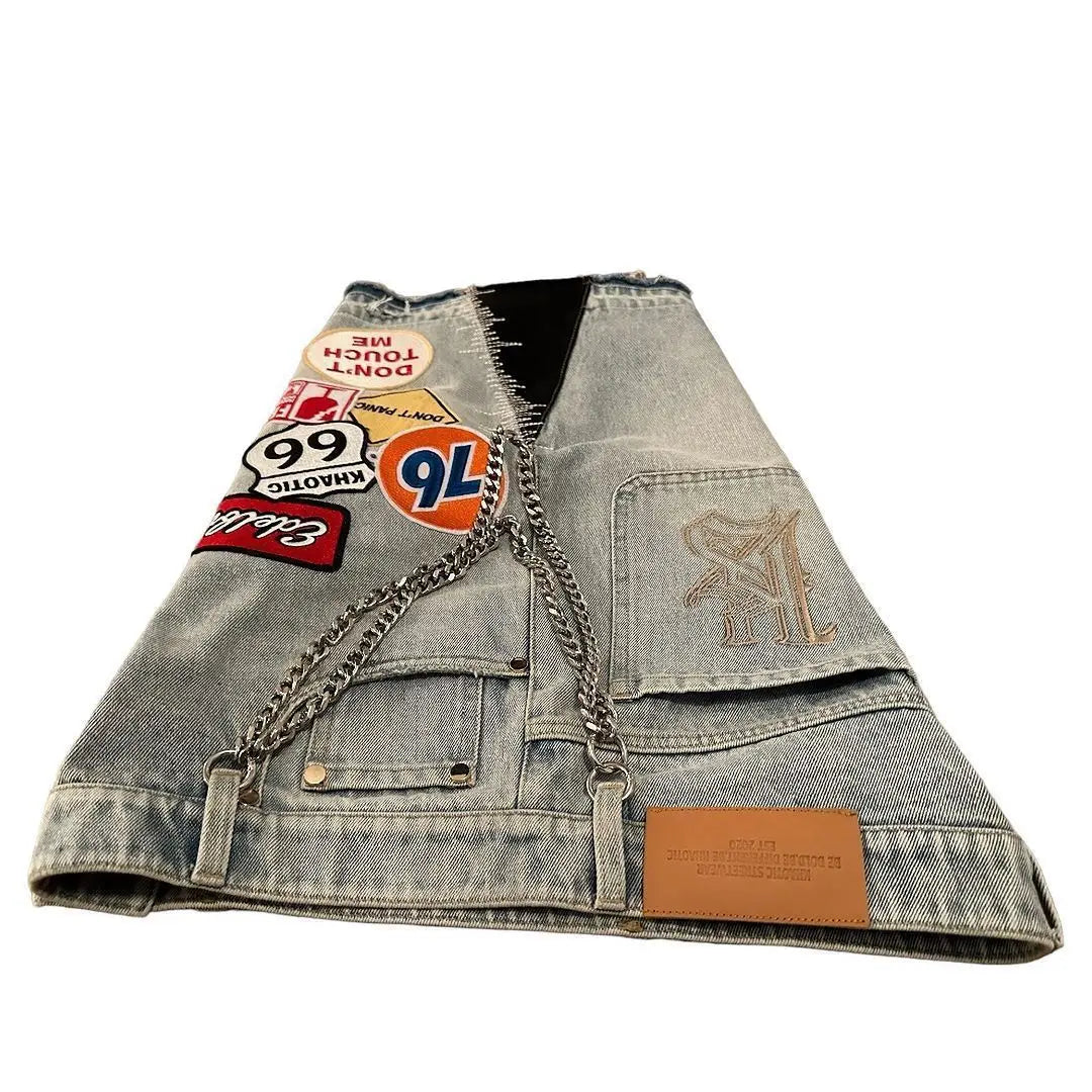 IOOTIANY Y2k Cartoon Embroidery Jorts Man Women Harajuku Streetwear Retro Patchwork Denim Shorts Jeans Baggy Shorts Oversized