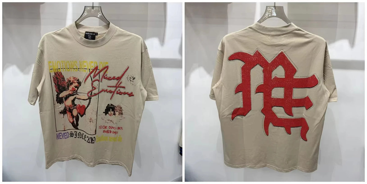 New MIXED-EMOTION Rhinestone cartoon printed pattern  cotton Men Women T-shirt Loose casual Shinning Tees Oversized Top
