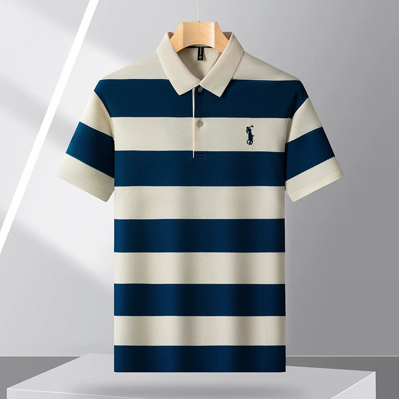 Men's Contrasting Striped Lapel Short Sleeved T-shirt, Summer Dad Outfit, New Cool POLO Top