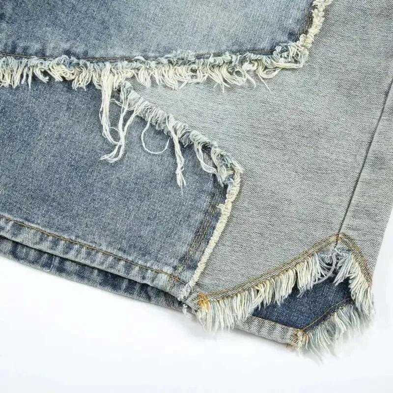 Summer Pentagram Pattern Men's Jort Splicing Mid Length Denim Pants American High Street Straight Male Shorts