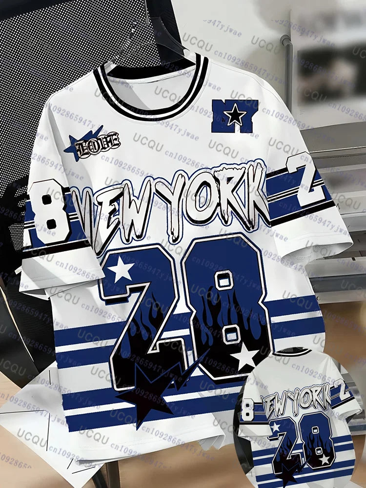 European American New York No.28 Football Jersey Women's Men's Summer Sports Fashion Striped Breathable Outdoor Streetwear Tops