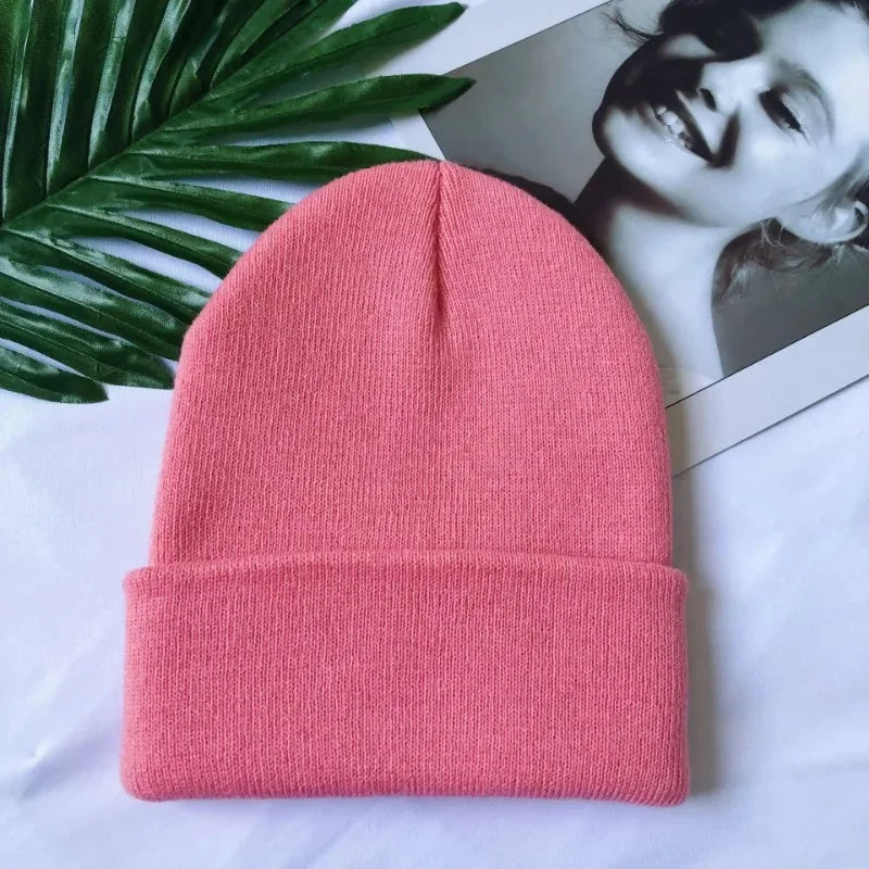Women Men Fluorescent Color Warm Beanie Hat Autumn Winter Stretch Knitted Crochet Beanies Hat Cap Black Red White Navy Pink
