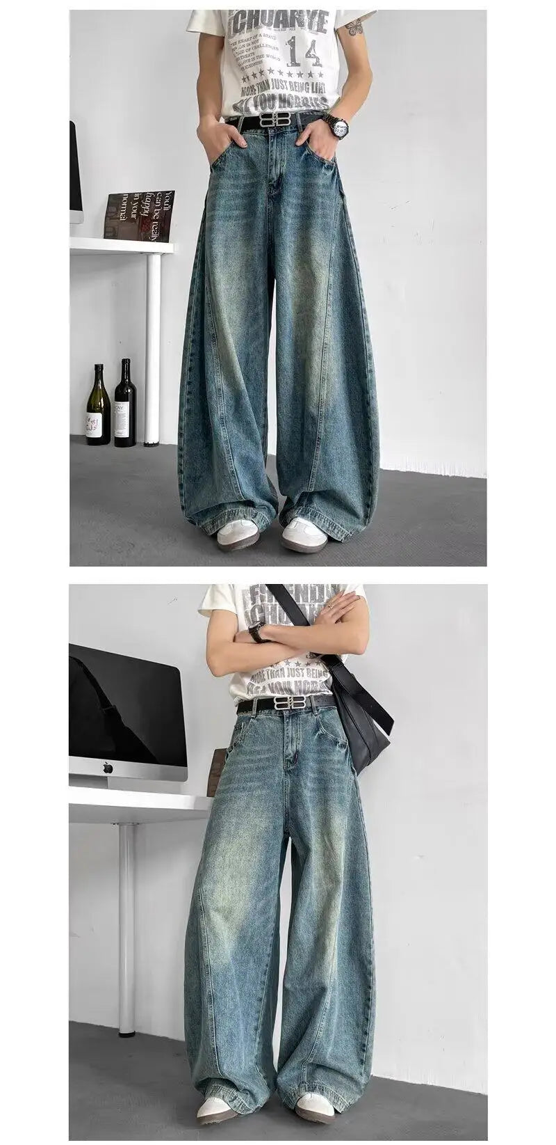 Men Baggy Jeans Wide Leg Unisex Streetwear Hip Hop Dance Pants Loose Fit Trousers Oversized Urban Jogger Street Dance Clothing