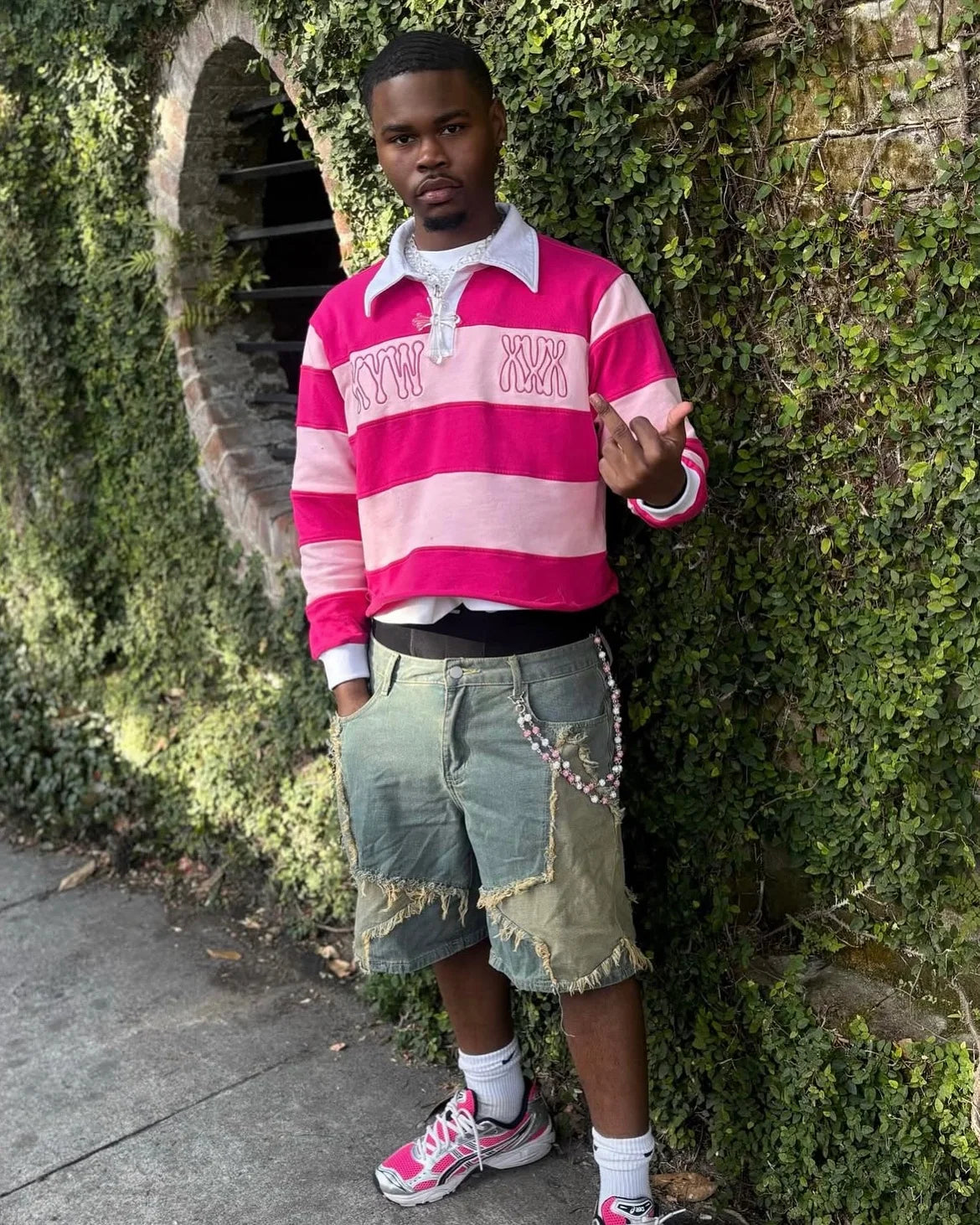 Pink Rugby Polo Shirts Hip Hop Men Stripe Print Lapel Neck Shirt Y2k Harajuku Fashion Casual Cotton Long Sleeves Top Women Tees