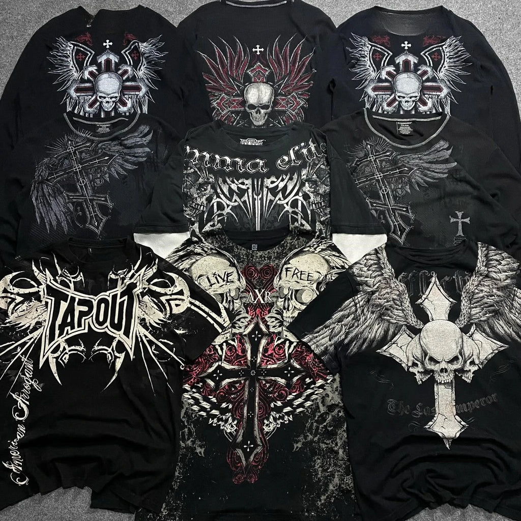 Alt Style Y2K Gothic Long Sleeve Pattern Oversized T Shirt High Street Breathable Cotton Women Man Casual Top