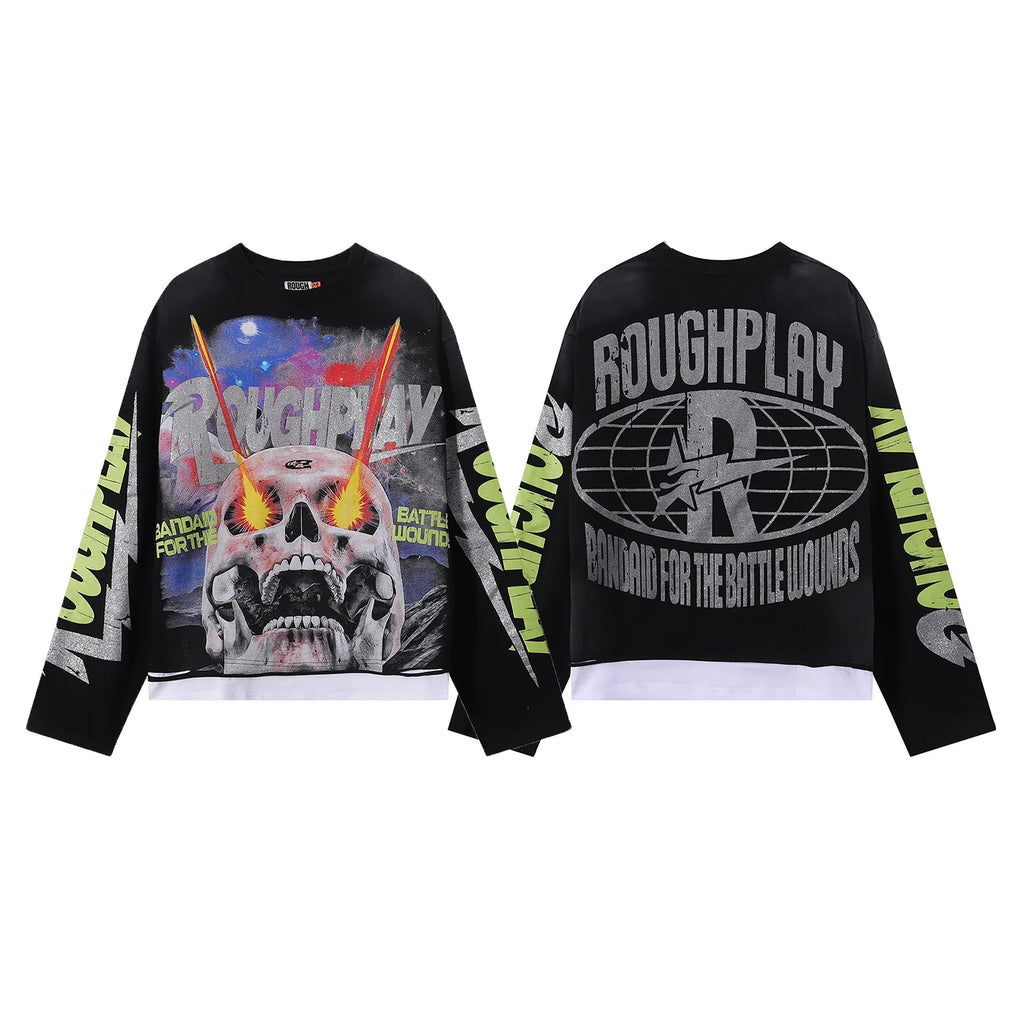 New American Style Rough Play Splicing Shinning Diamond 100% Cotton long sleeves T-shirts for Men Women Crew Neck Loose Summer T-shirt Oversized Tees