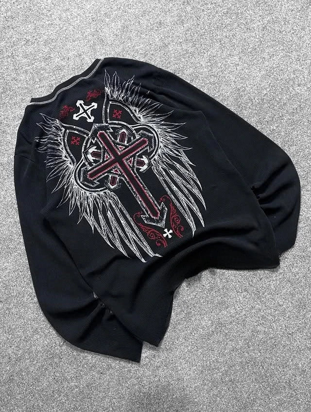 Alt Style Y2K Gothic Long Sleeve Pattern Oversized T Shirt High Street Breathable Cotton Women Man Casual Top