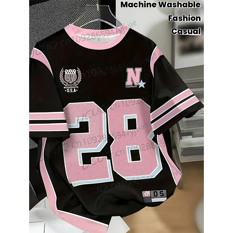 Summer New Women Men Number 28 Personality American Jersey Casual Digital Print T Shirt Black Pink Short Sleeve Men's Tshirt