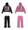 Vintage Washed Unisex Hoodie Jogger Set 100% Cotton Fleece Anti-Bacterial Pink Black Letter Print Crop Sweatshirt Wide Leg Pants