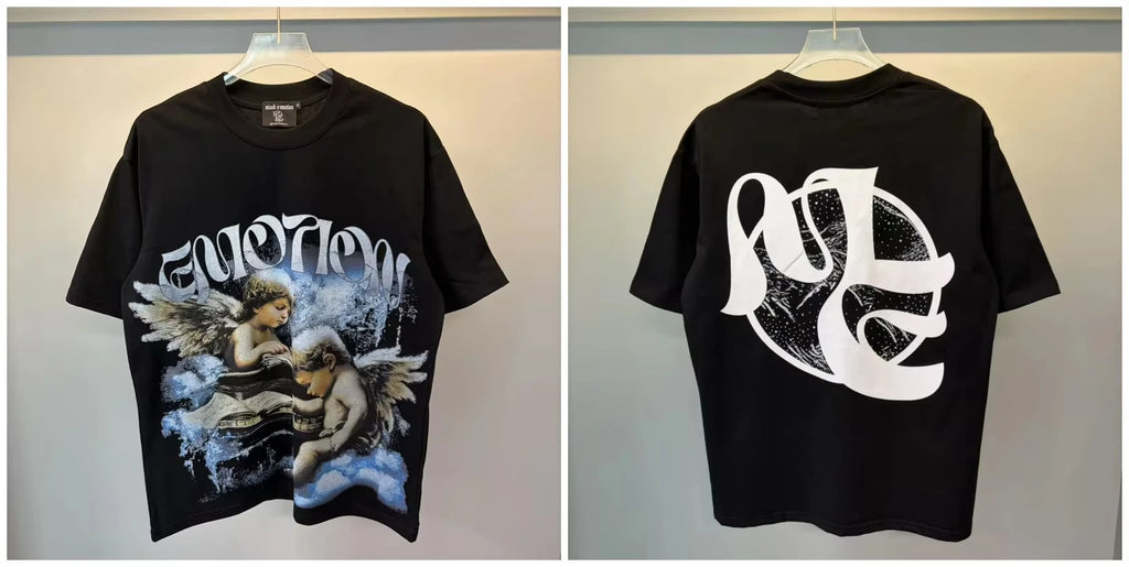 New MIXED-EMOTION Rhinestone cartoon printed pattern  cotton Men Women T-shirt Loose casual Shinning Tees Oversized Top