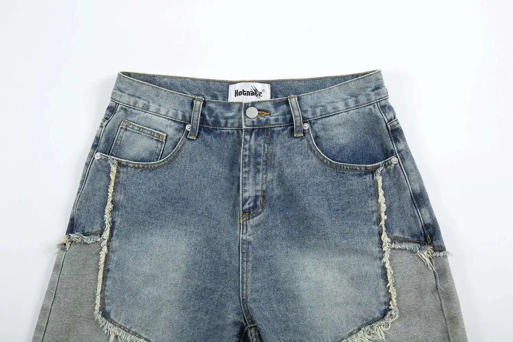 Summer Pentagram Pattern Men's Jort Splicing Mid Length Denim Pants American High Street Straight Male Shorts