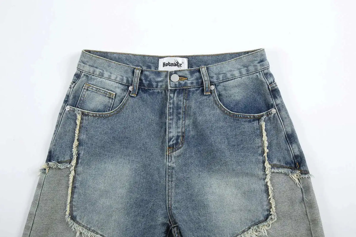Summer Pentagram Pattern Men's Jort Splicing Mid Length Denim Pants American High Street Straight Male Shorts