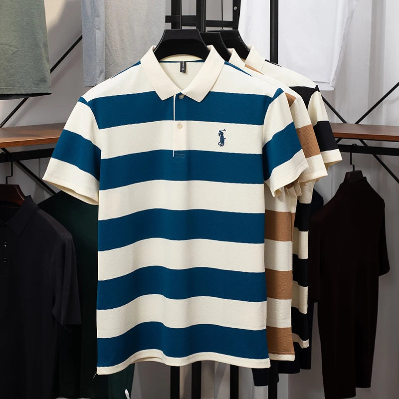Men's Contrasting Striped Lapel Short Sleeved T-shirt, Summer Dad Outfit, New Cool POLO Top