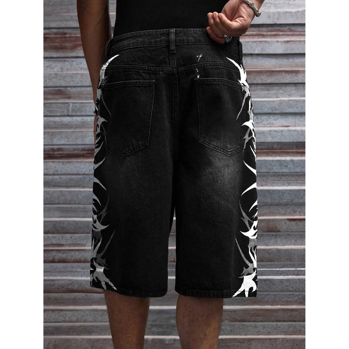 Men Black Non-Stretch Denim Jorts Summer Streetwear Print Baggy Wide Leg Knee Length Hip Hop Casual Shorts Y2K Punk Style