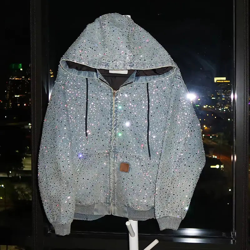 Custom Printed Rhinestone Glitter Stone Half Zip Hoodie Bling Diamond Transfer Men's Sweatpants Unisex Plus Size 100% Autumn