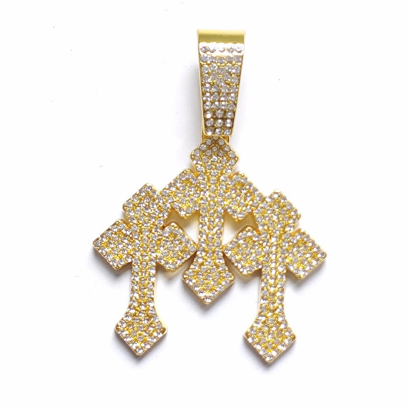 New Iced Out Stacked Crosses Pendant Necklace
