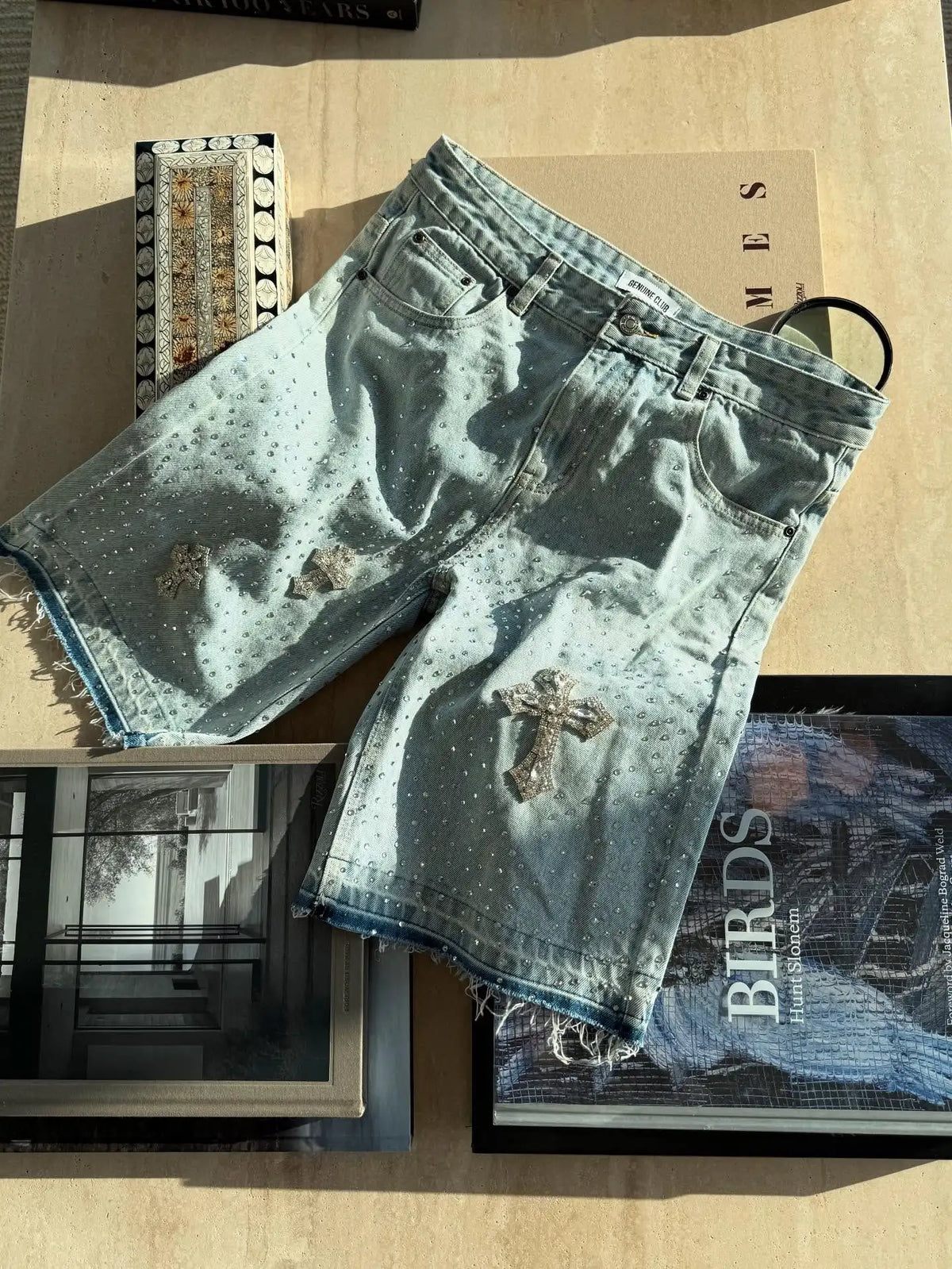 Gothic Rhinestone Cross Embroidery Viral Denim Jorts Y2K Vintage American Trend Gym Shorts Men Women Street Hip Hop Jean Short