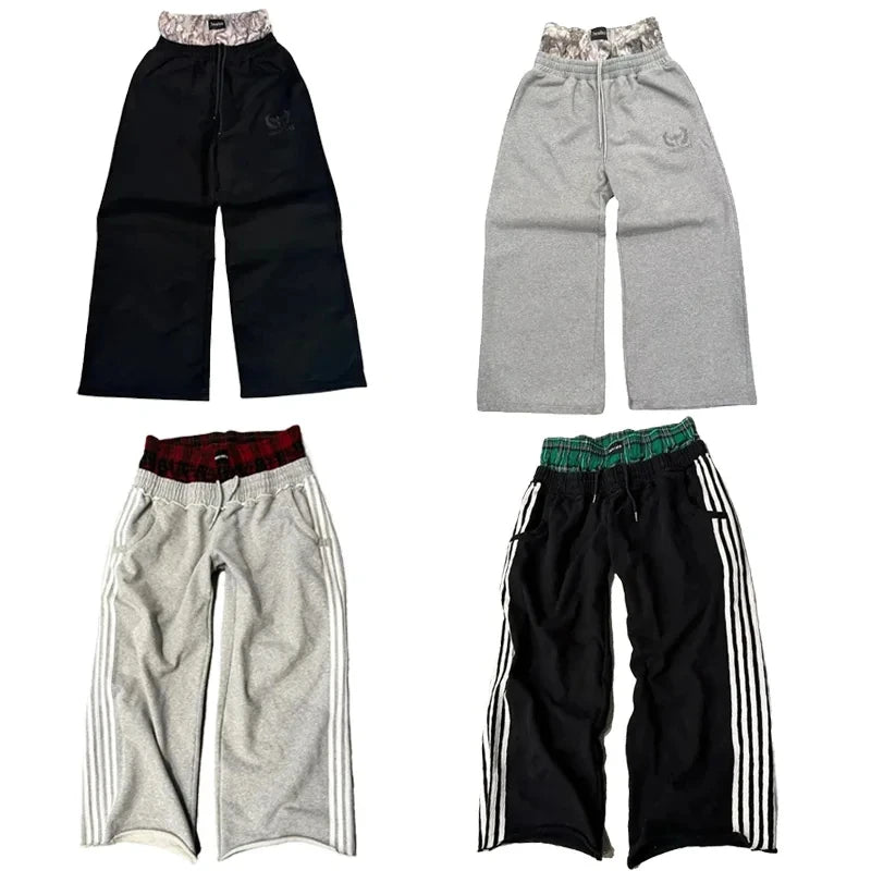 Y2K Retro Pants Harajuku Double Embroidered Waist Sweatpants Hip Hop Goth Clothes Fashion Wide Leg Baggy Pants Streetwear Unisex
