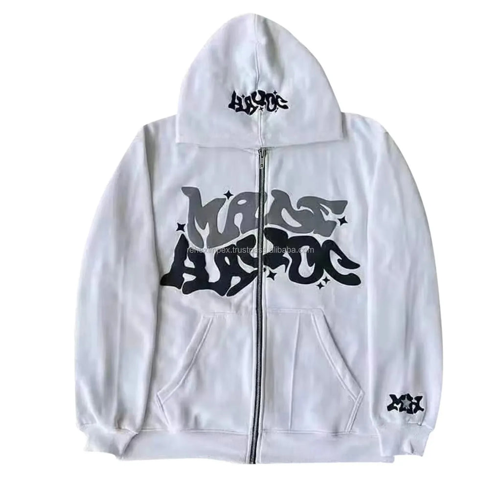 Trending Oversized Zipper Hoodie Custom Puff Print | Vintage Hip-Hop Style | 100% Cotton Fleece | Unisex Pullover
